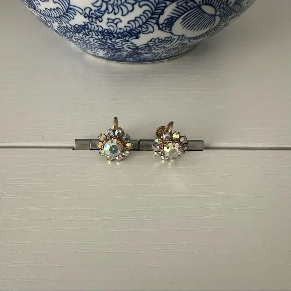 Vintage Rhinestone Floral Clip-On Earrings Gold 1950s 1960s Hollywood Glam Retro